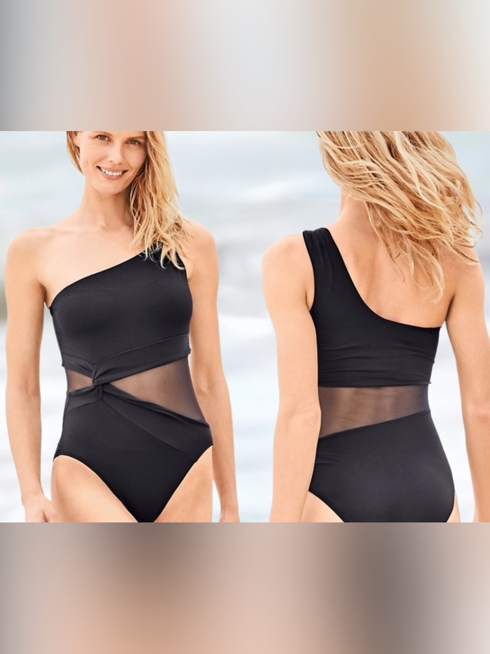 Michael Kors Black One-Shoulder Mesh Knot One-Piece Swimsuit